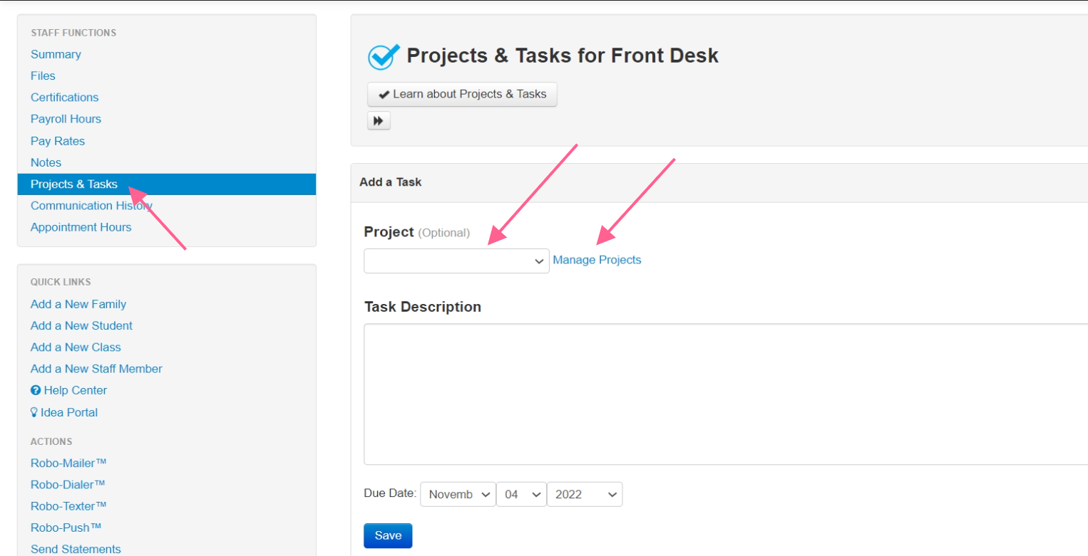 Projects & Tasks management interface