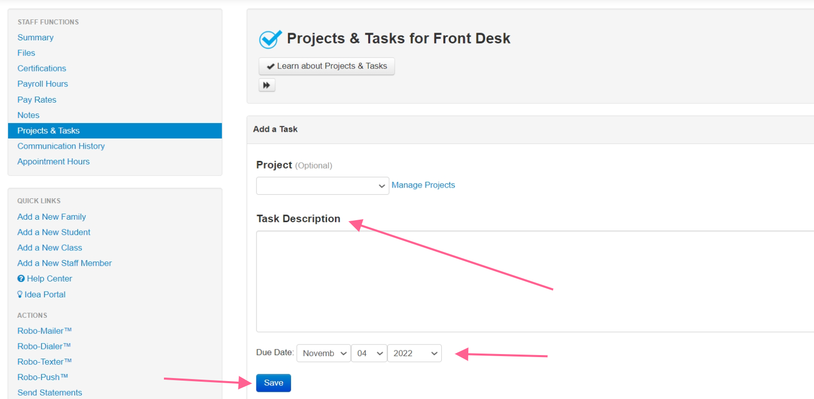 Task creation form with save button.