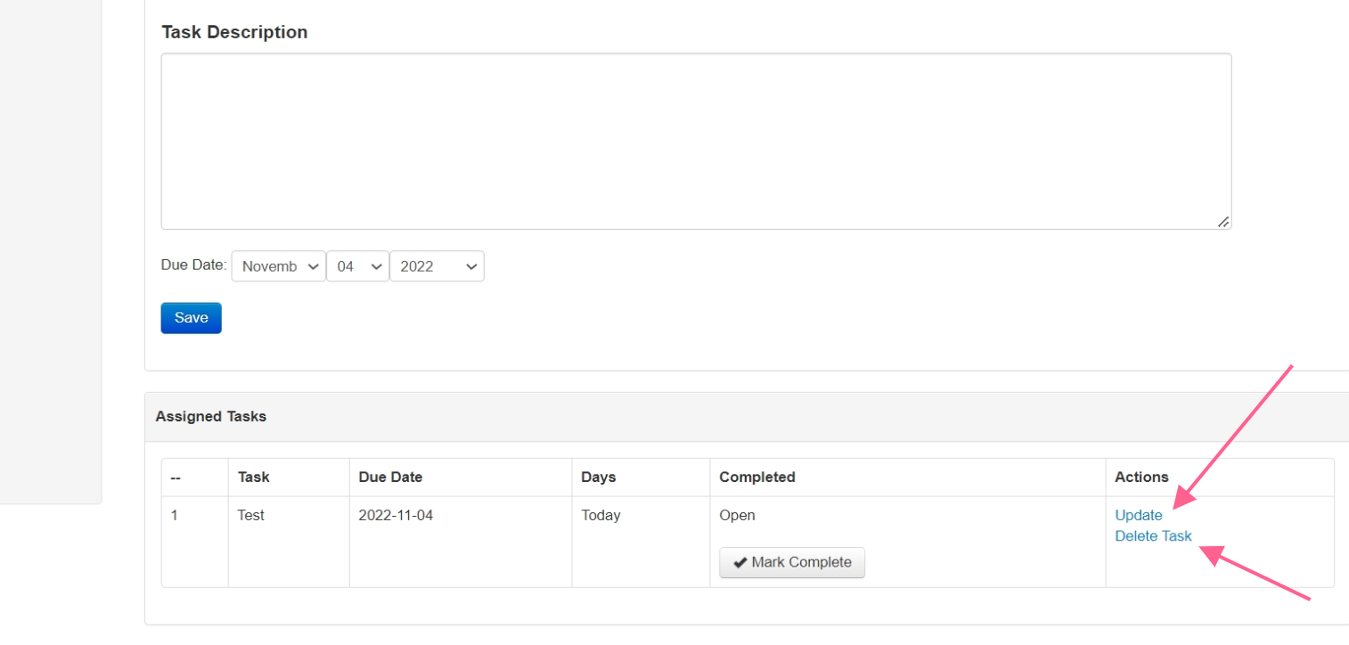 Task management interface with update option.