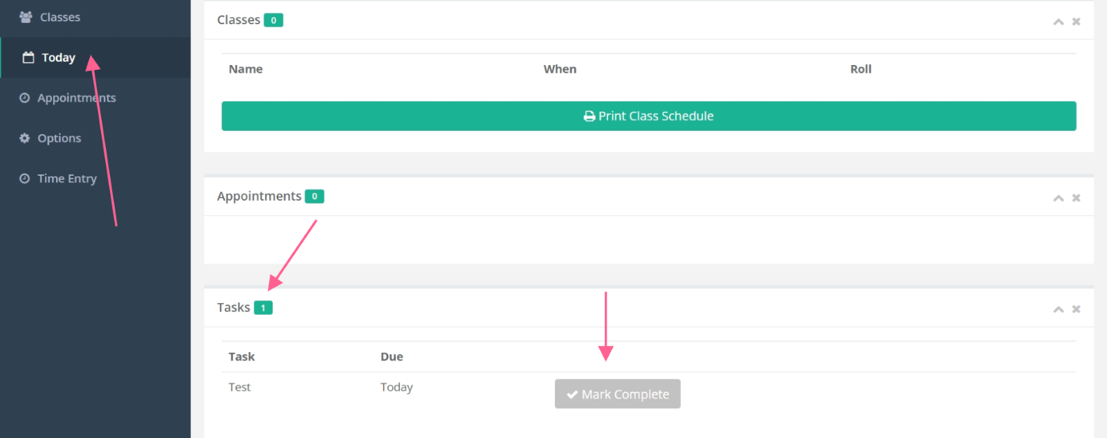 Dashboard with tasks and schedule options.