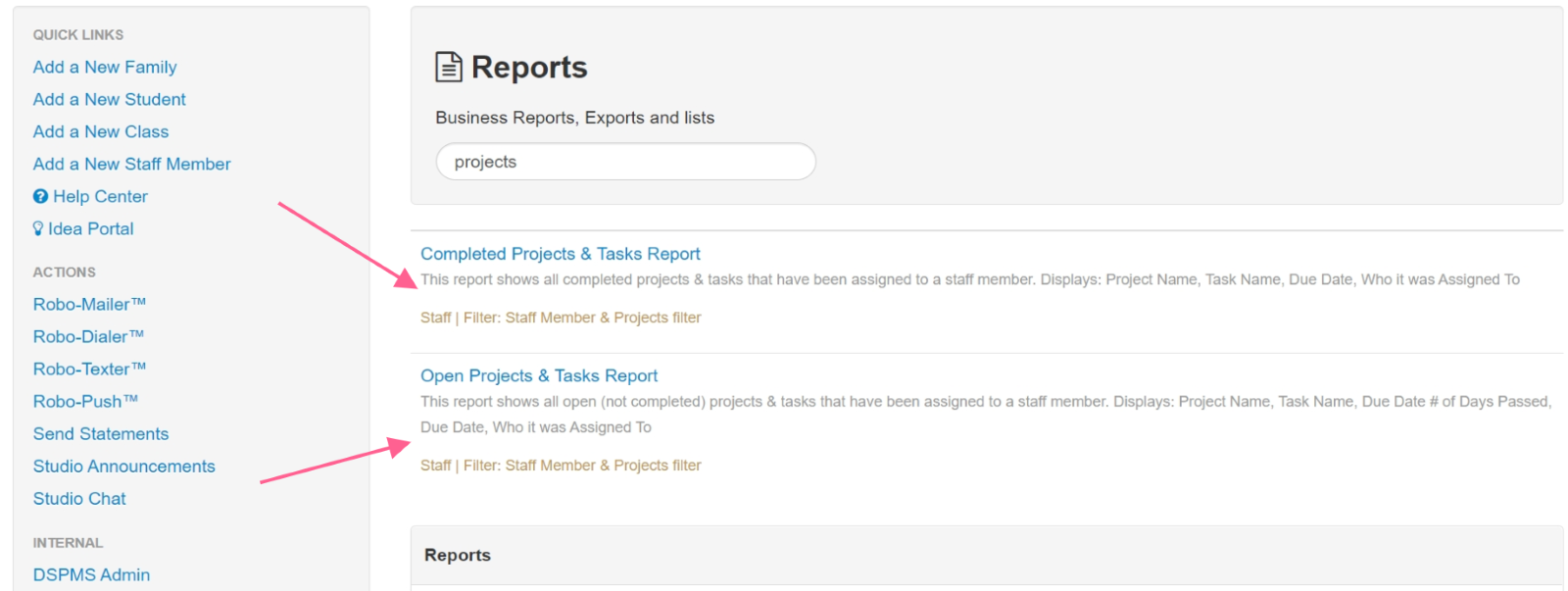 Dashboard with project reports list.
