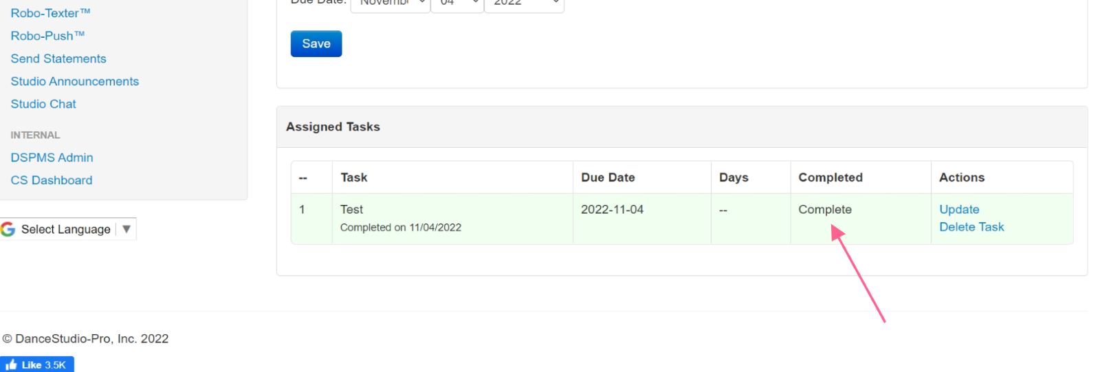 Task list with completion status.