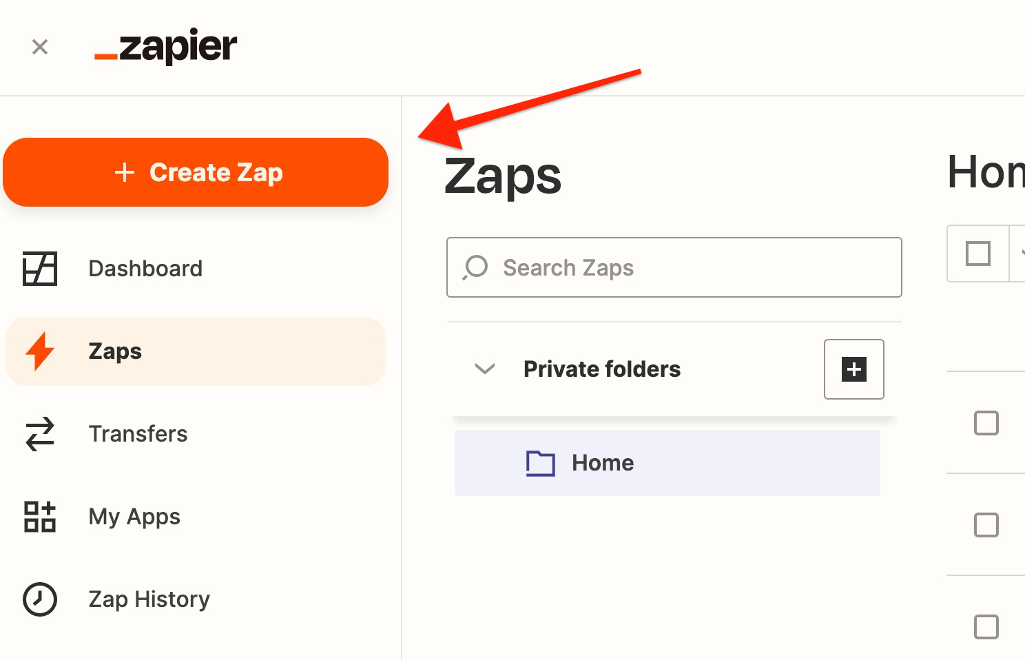 Zapier dashboard with 'Create Zap' button