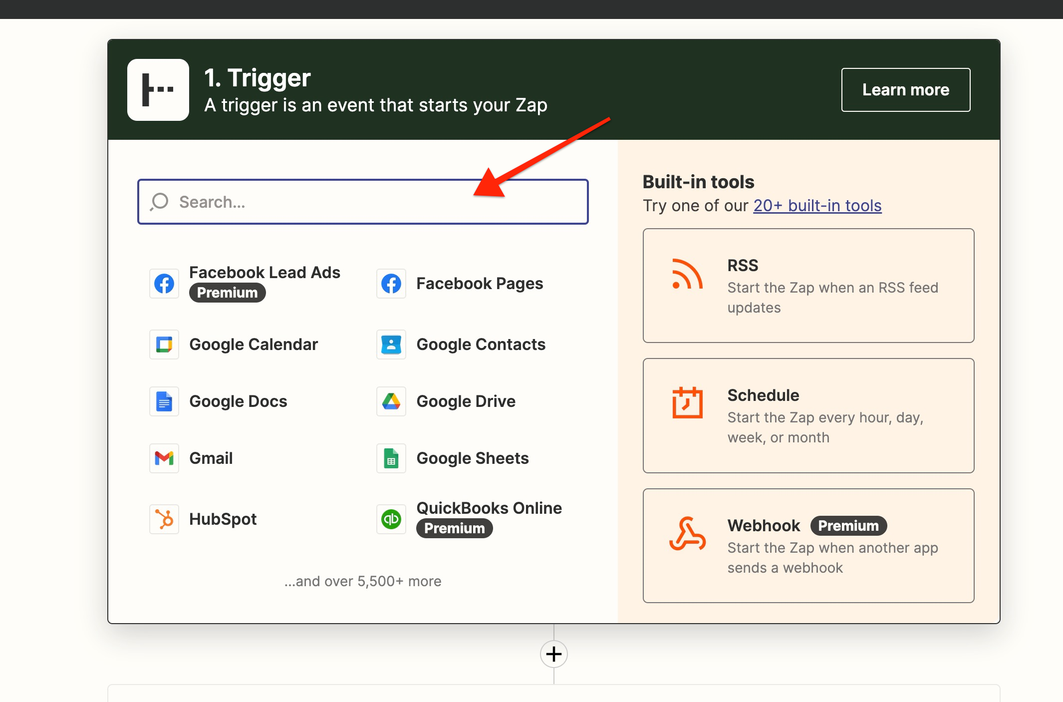 Zapier trigger selection interface