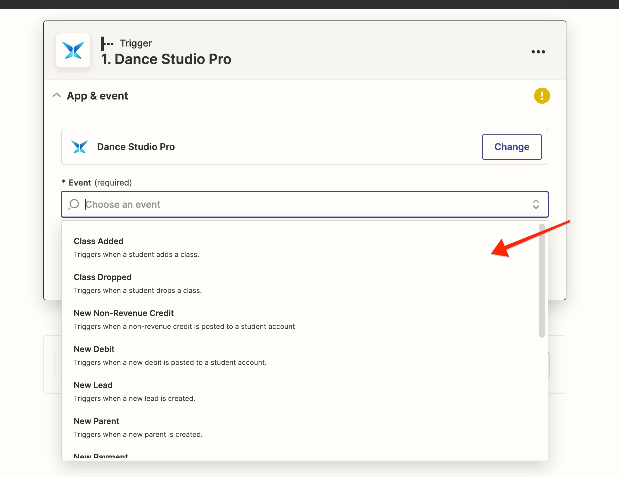 Dropdown menu for selecting an event.