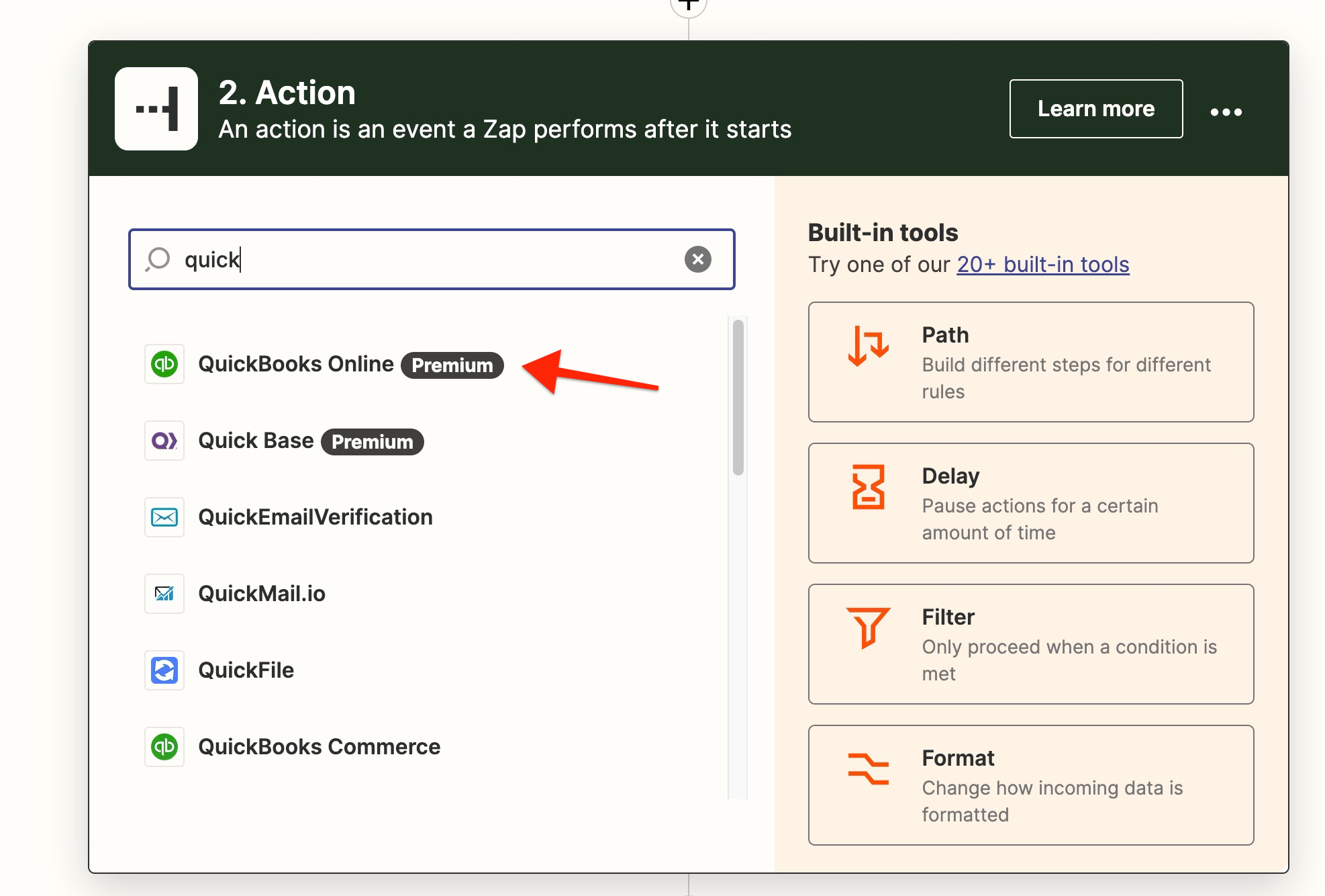QuickBooks Online selected in Zapier interface.