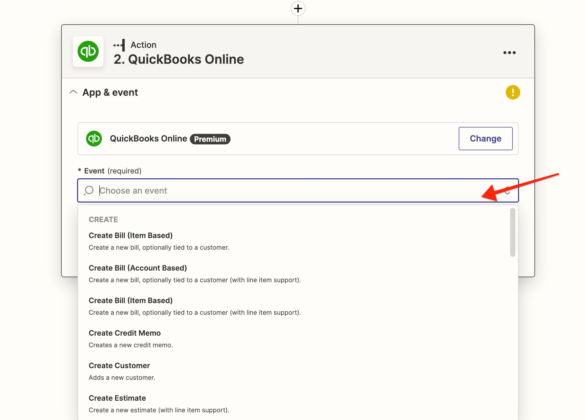 QuickBooks Online event selection menu.