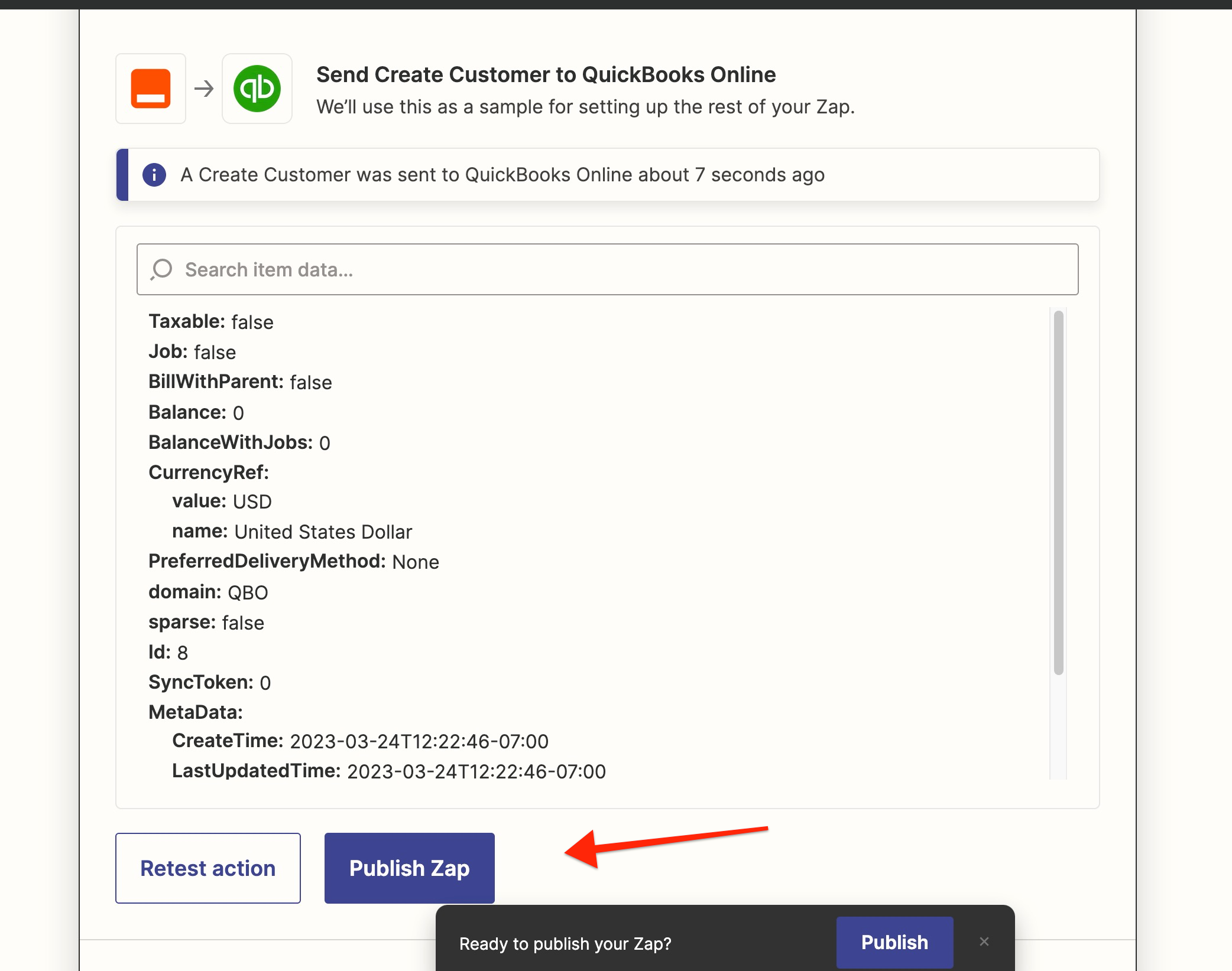 Zapier setup for QuickBooks customer creation.