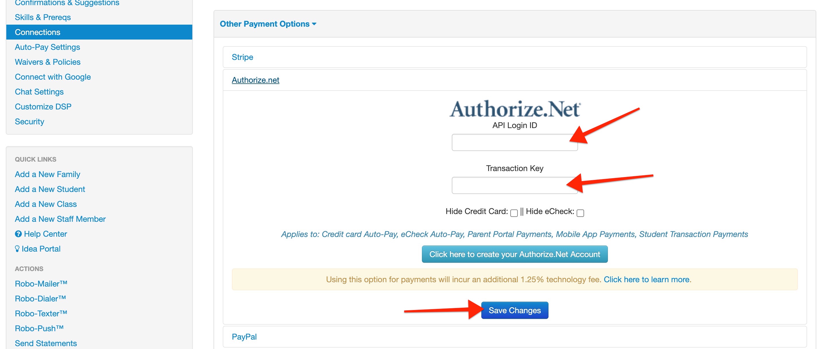 Authorize.Net payment settings page