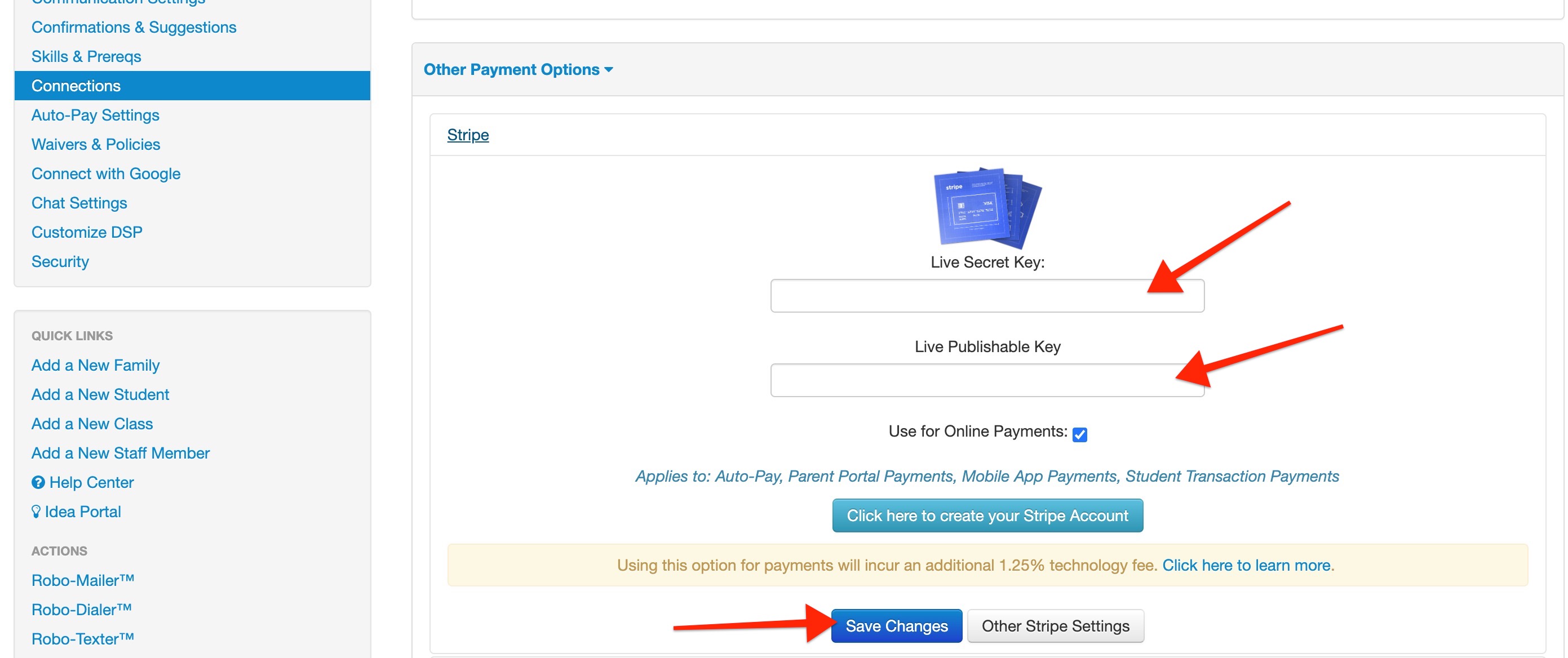 Stripe payment settings interface