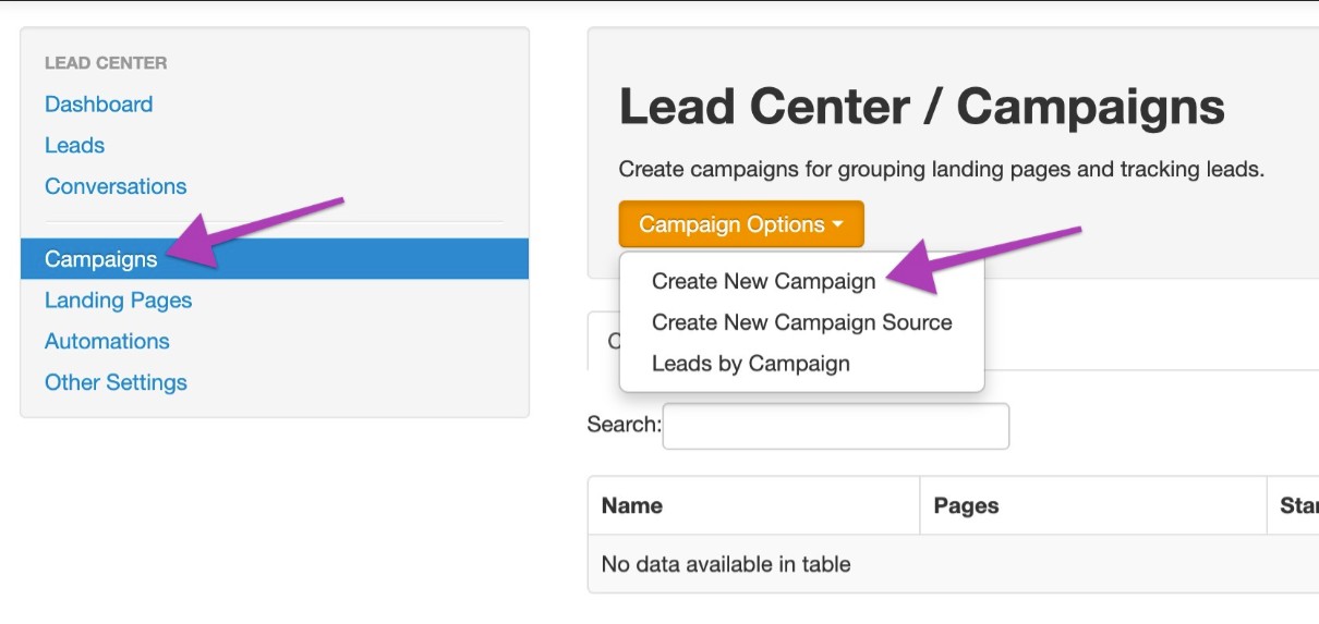 Campaign options dropdown menu