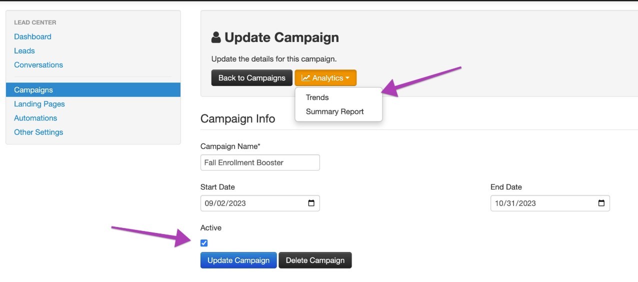 Update Campaign page with options and info.
