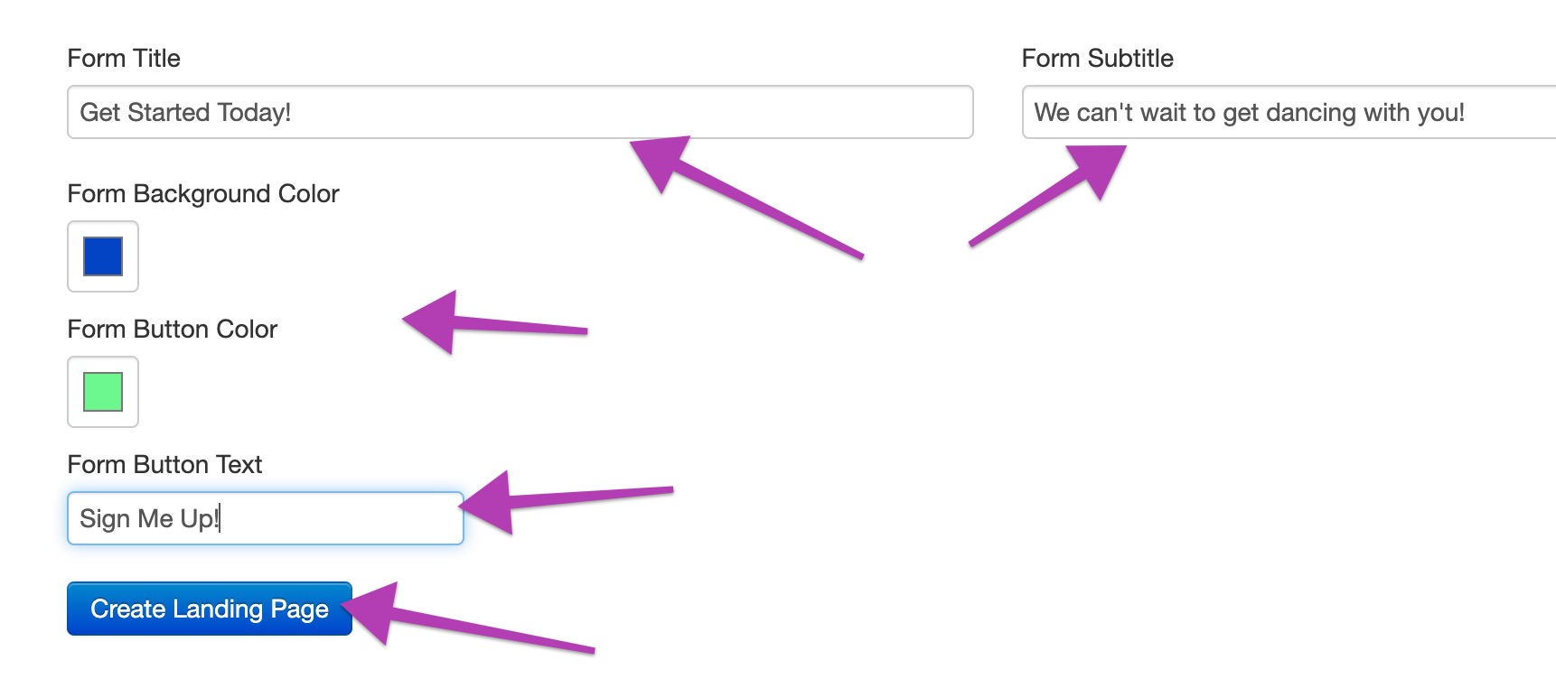 Form customization options with arrows.
