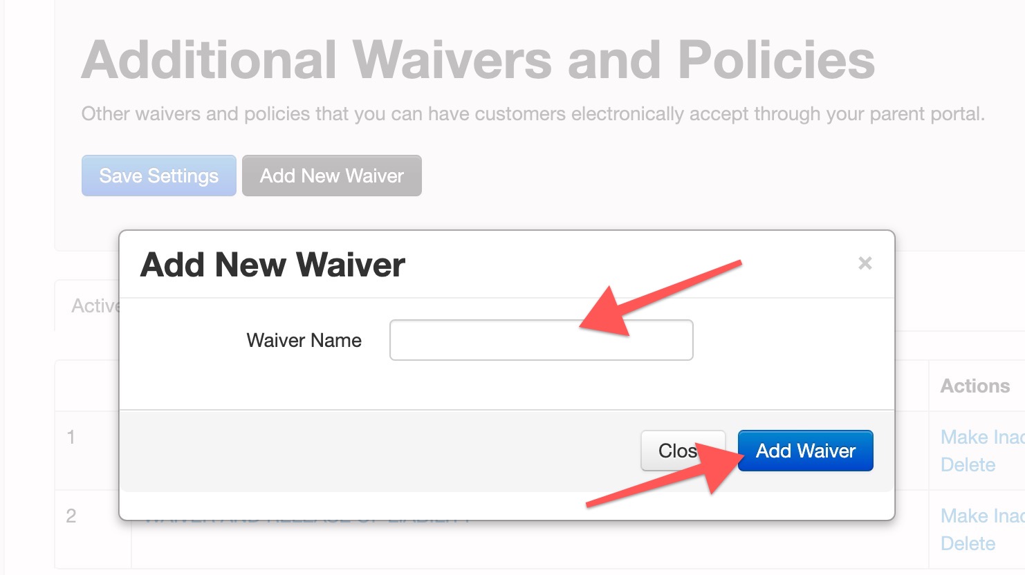 Add New Waiver" form with input field.