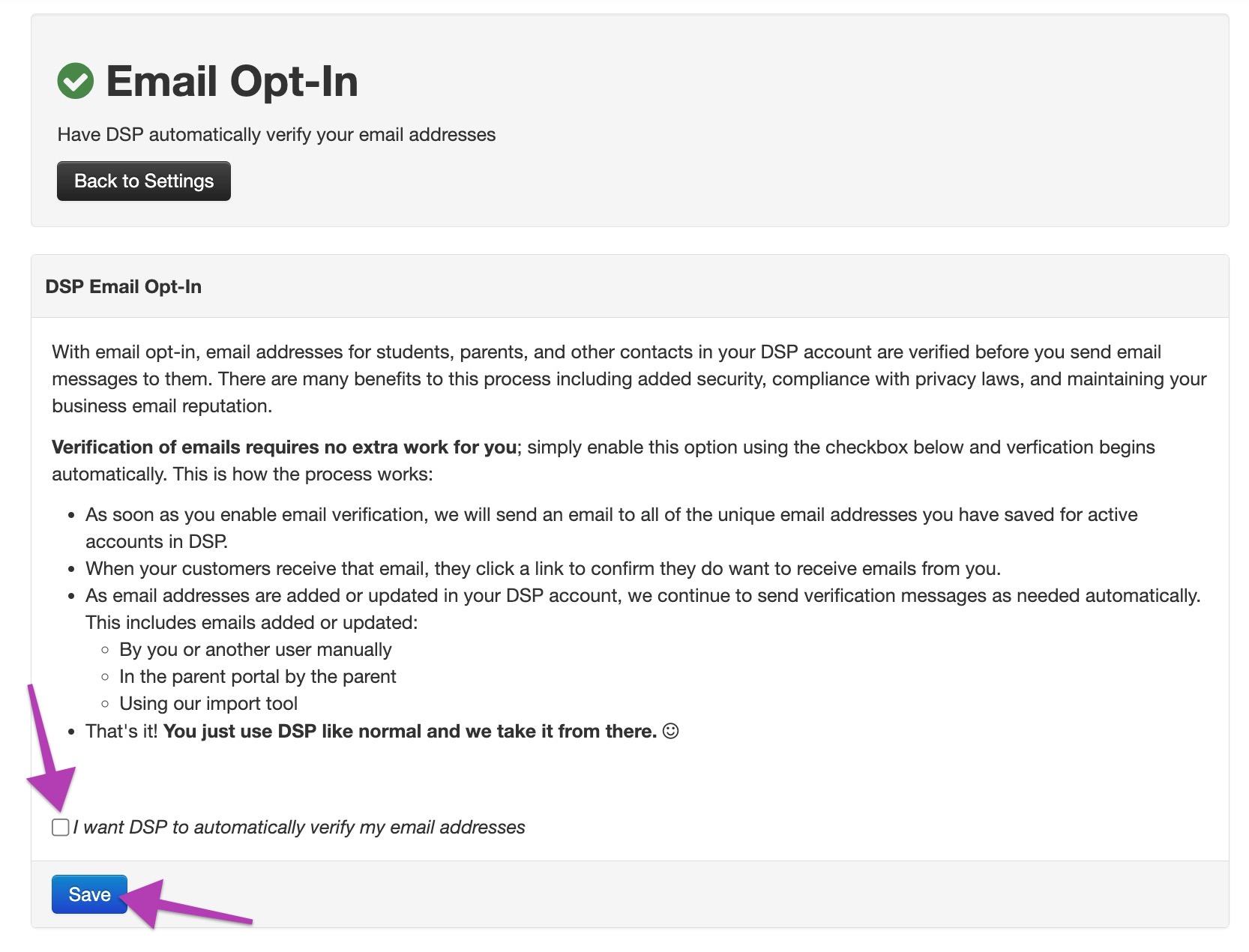 Email opt-in settings page with save button.