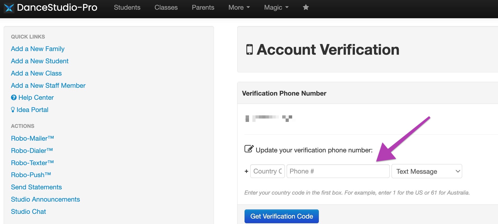 Account verification phone number update form.