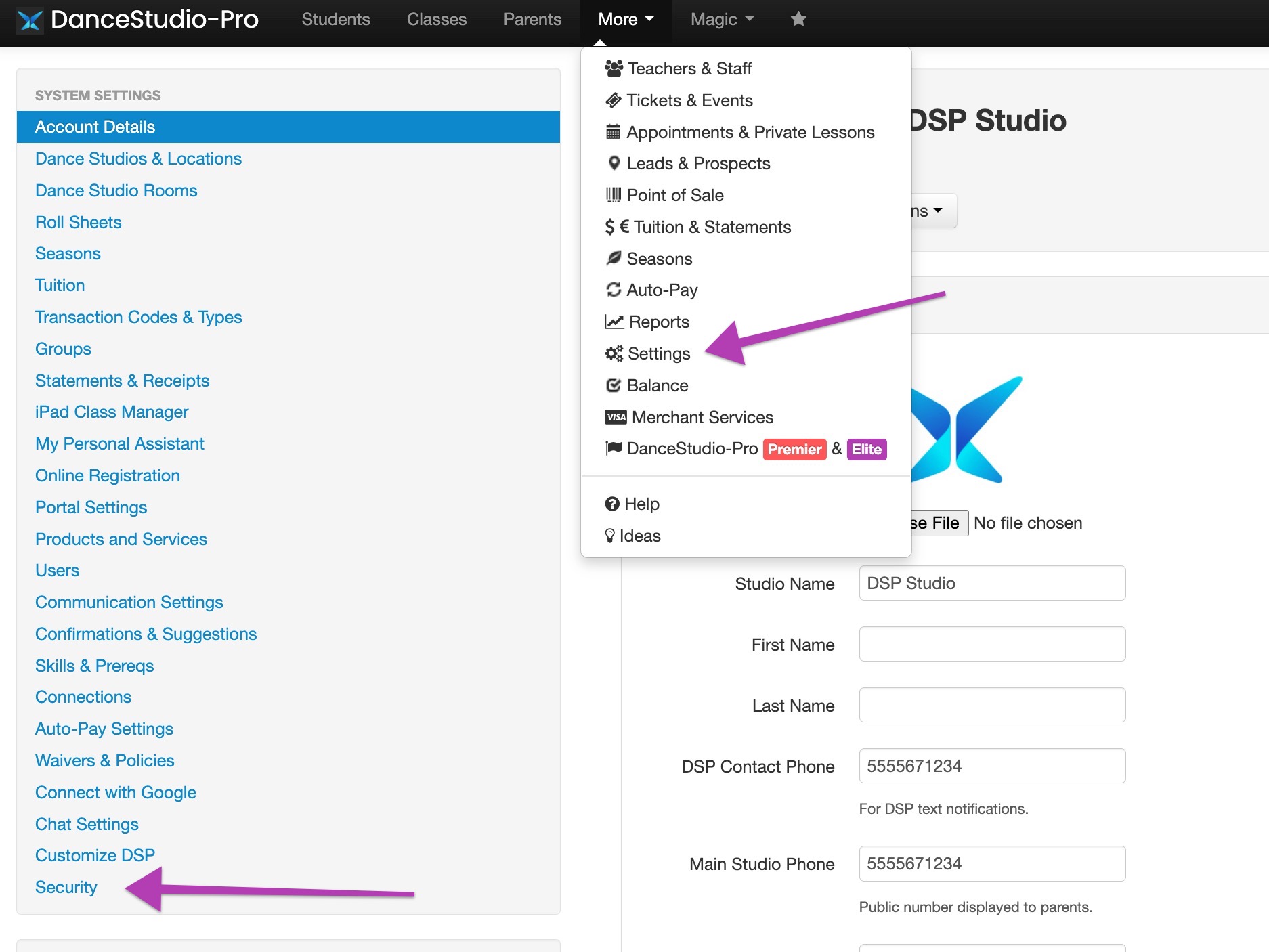 Settings menu in Studio Pro interface.