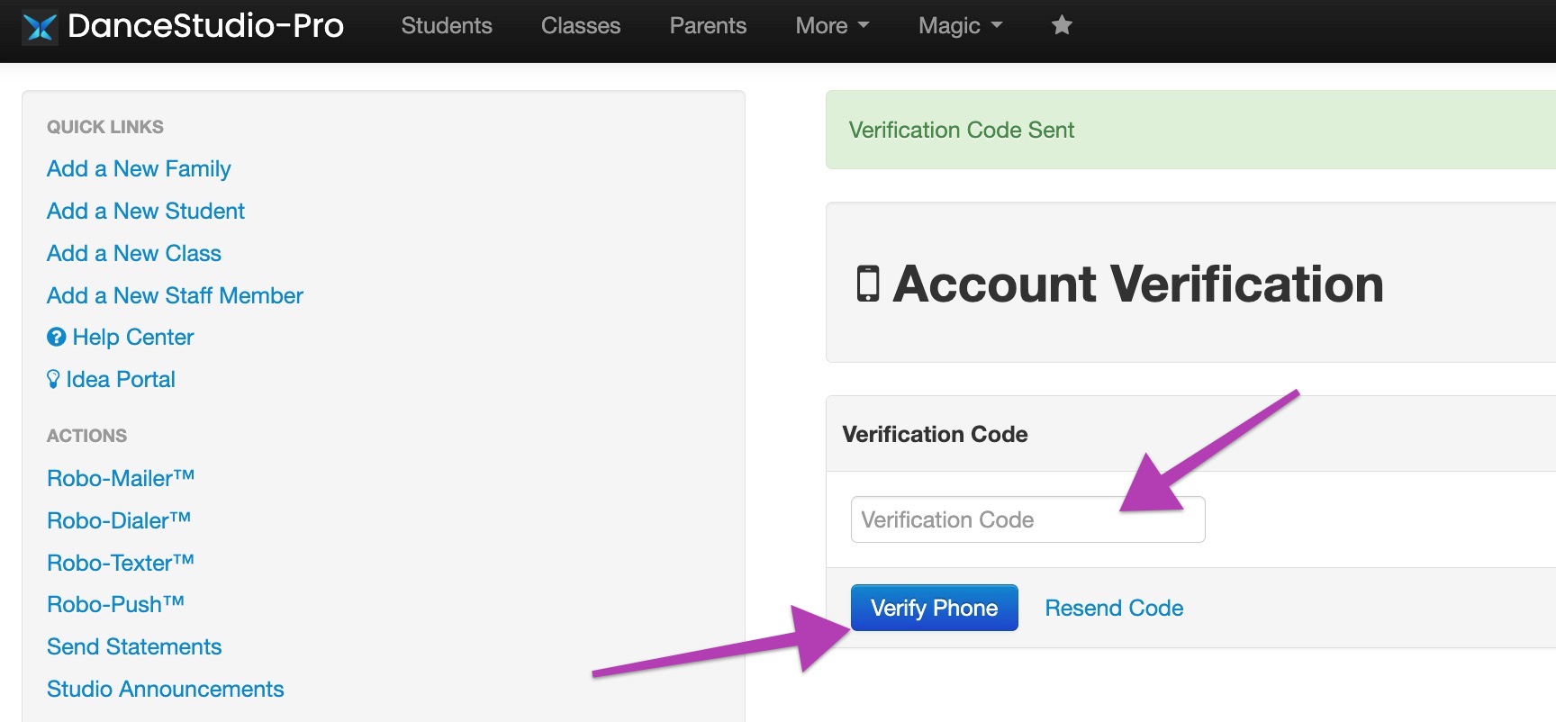 Account verification page with code entry field.