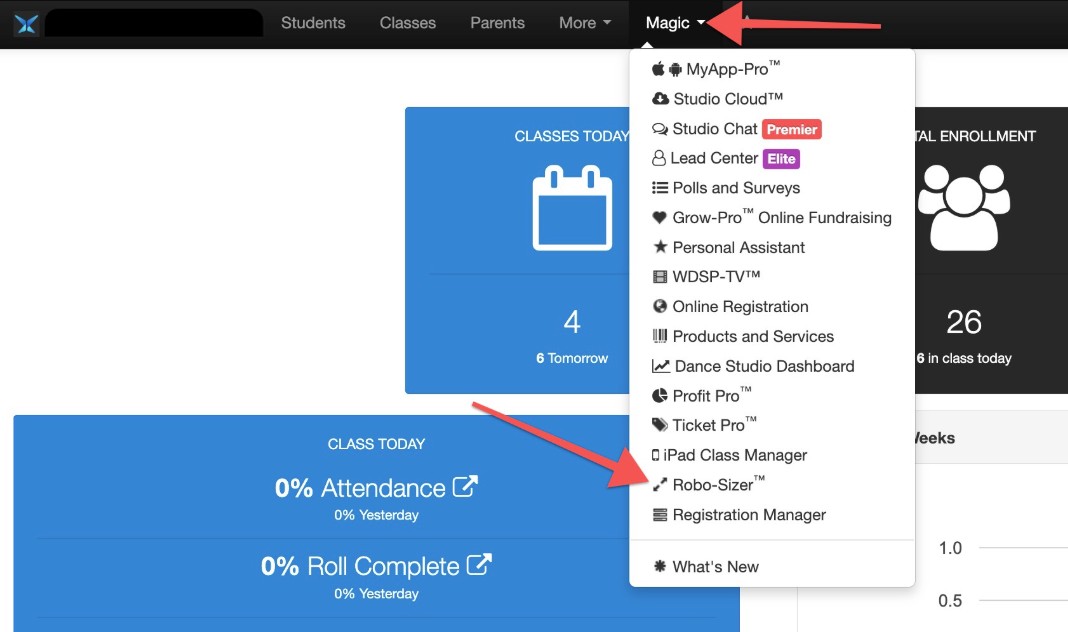 DanceStudio-Pro dashboard with menu options.