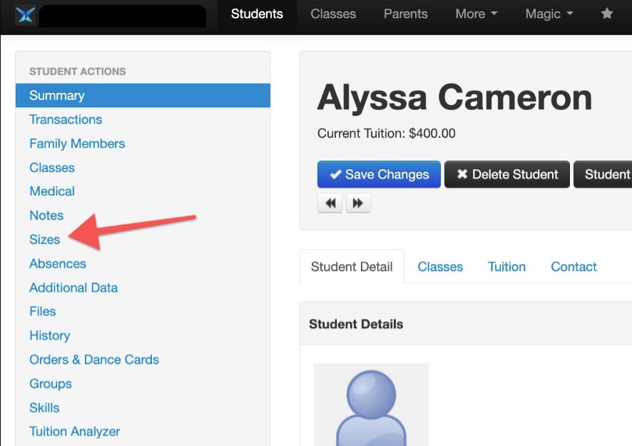Student profile page with menu and options.