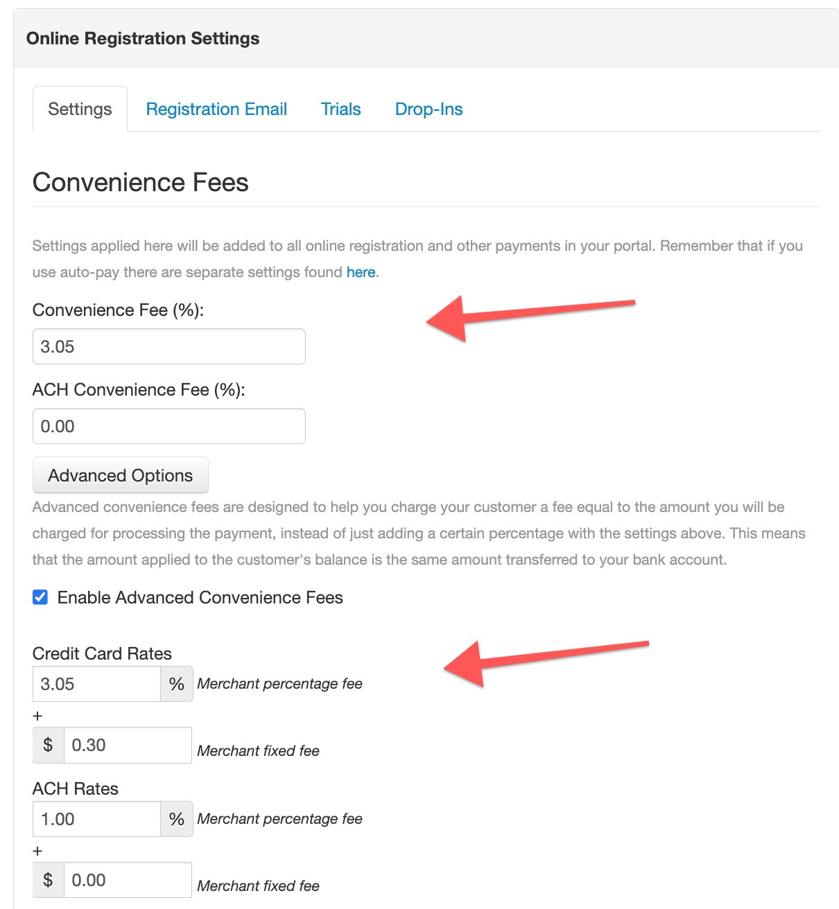 Convenience fee settings page with options.