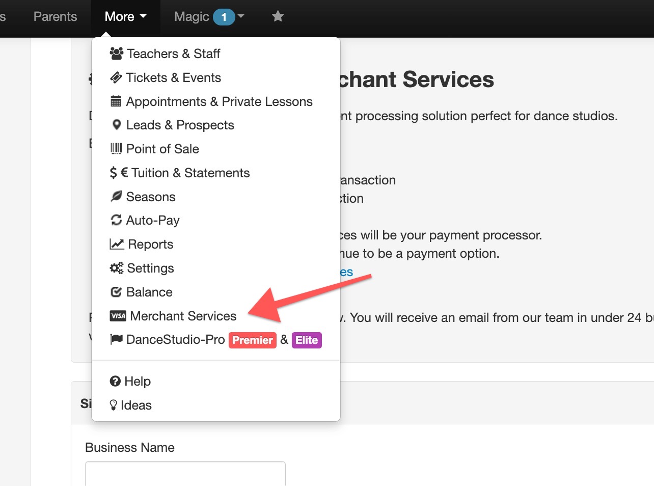 Dropdown menu with Merchant Services highlighted.