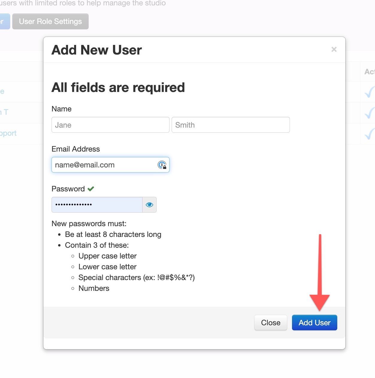 Add New User form with password criteria.