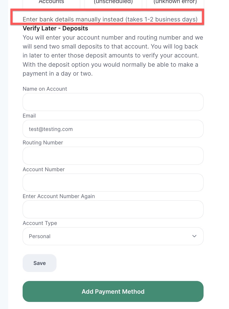 Bank details entry form with save button.