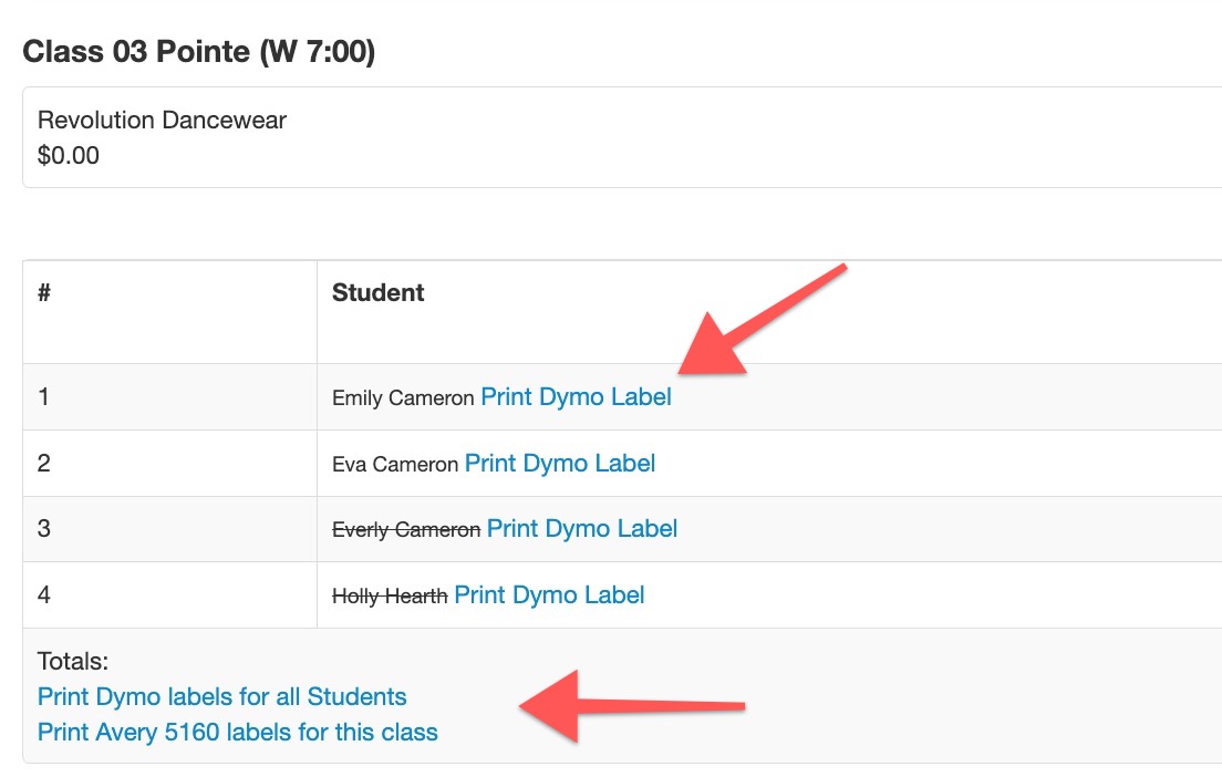 Class list with print label options.