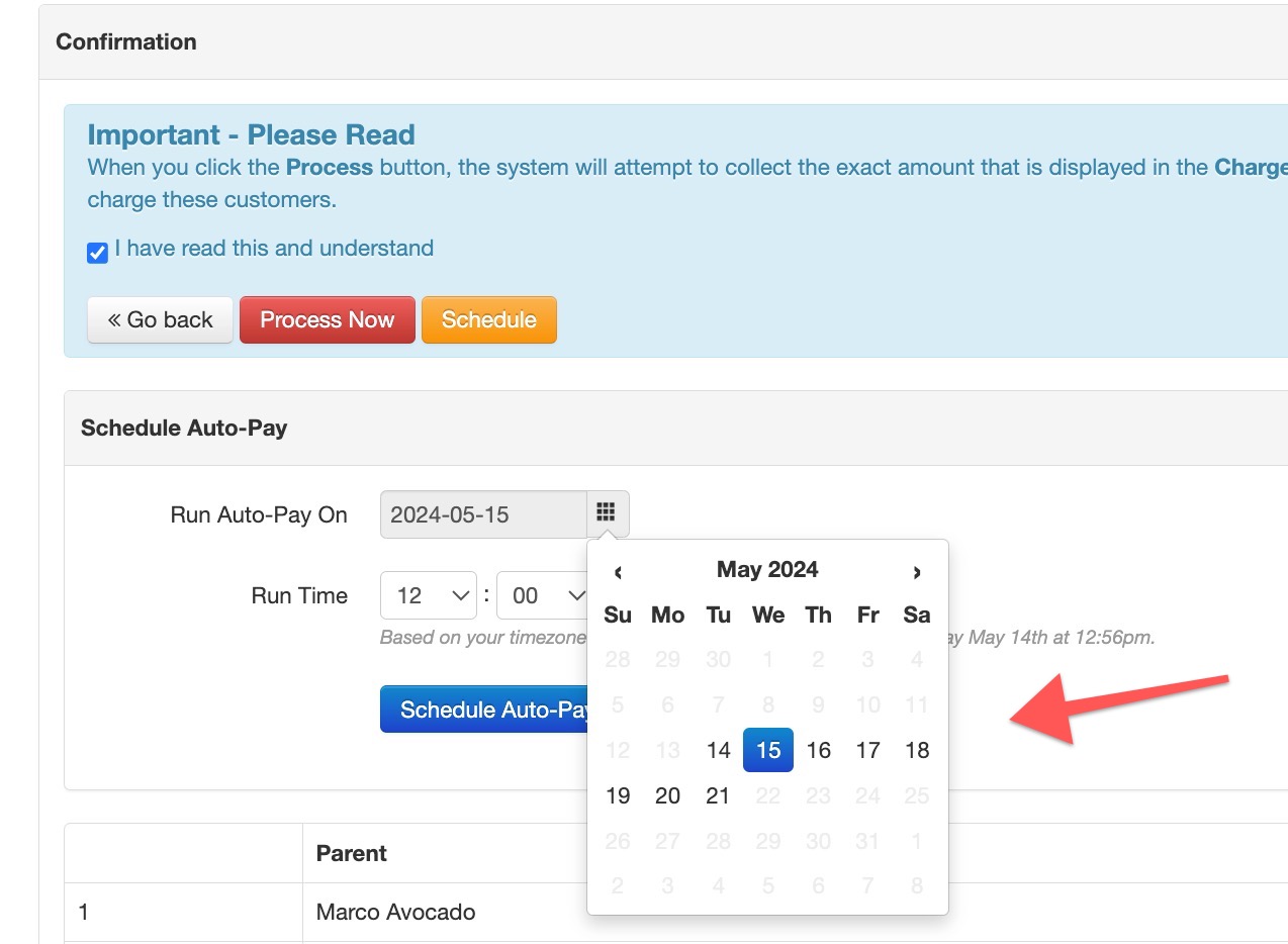 Auto-pay scheduling interface with calendar.