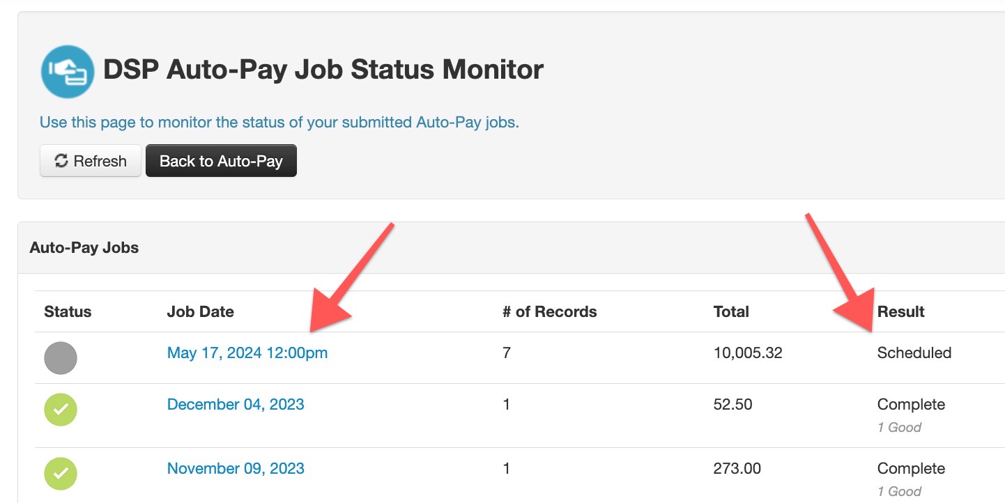 Auto-Pay Job Status Monitor table view