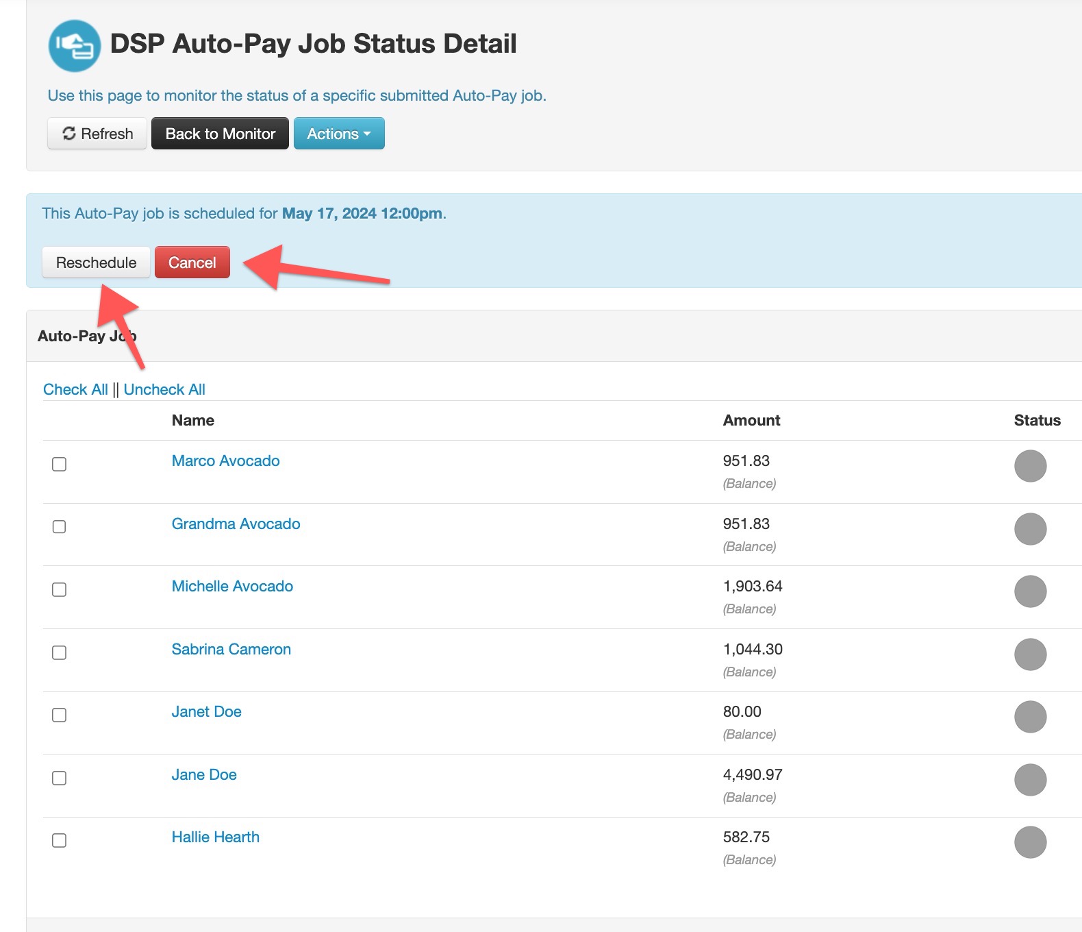Auto-Pay job status with reschedule option.