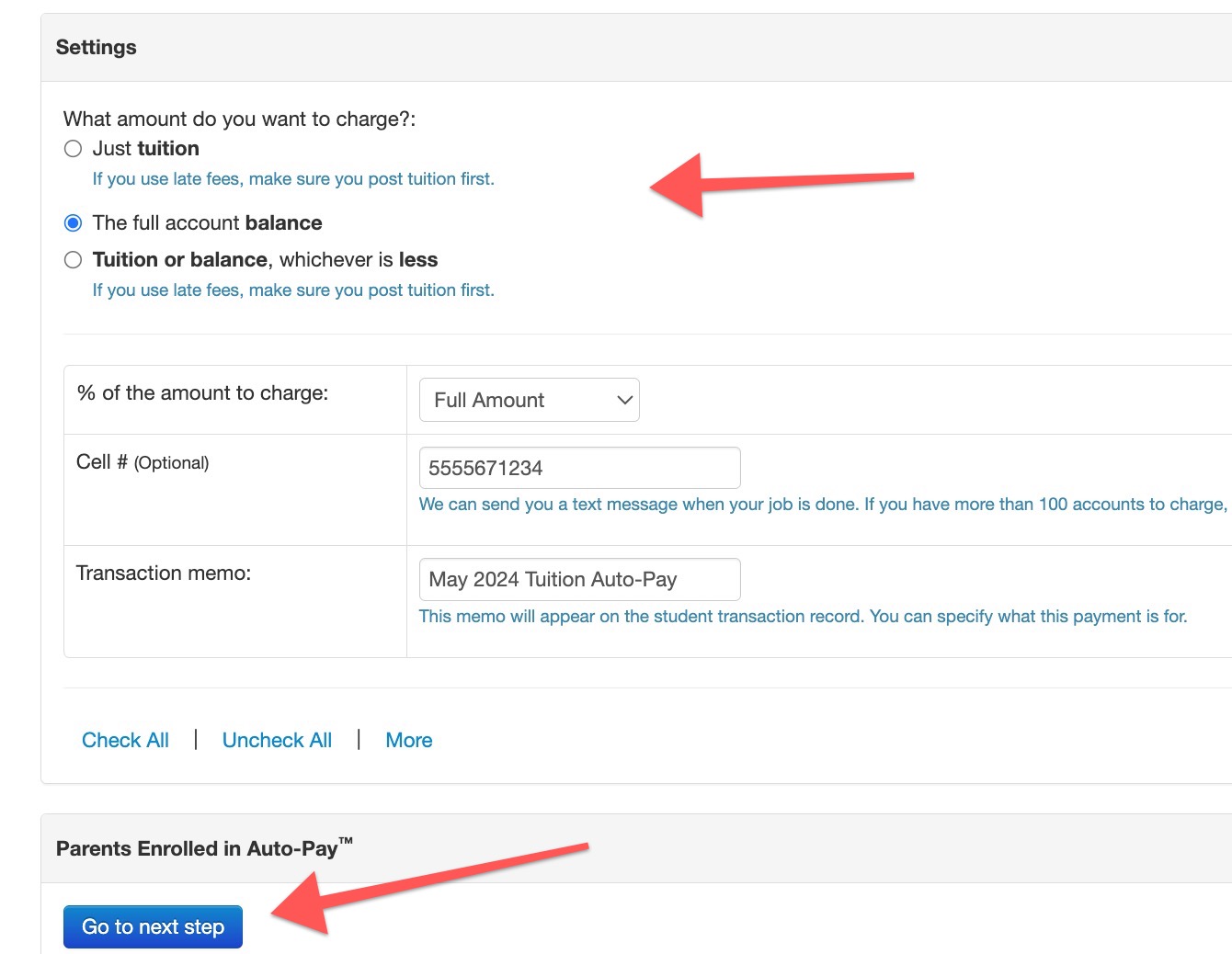 Auto-pay settings and next step button