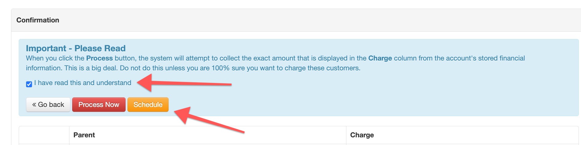 Confirmation screen with buttons and checkbox.