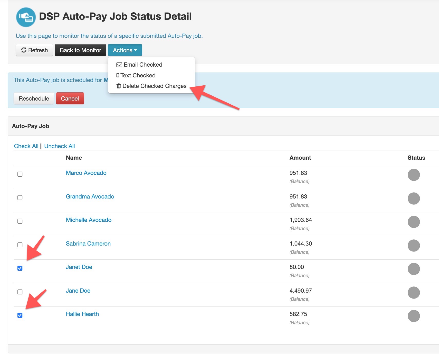 Auto-Pay job status detail page with actions menu.