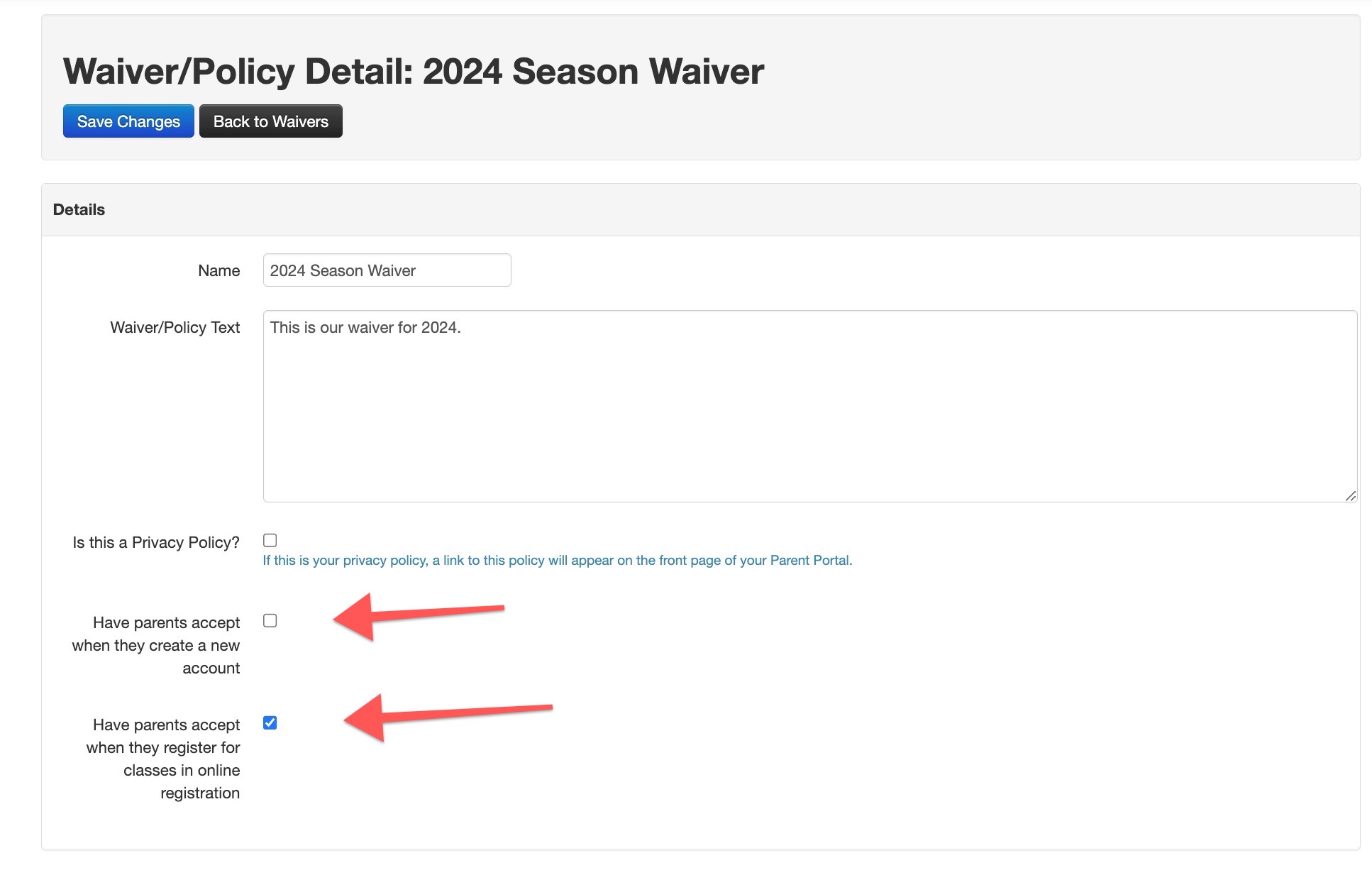 2024 Season Waiver form with options