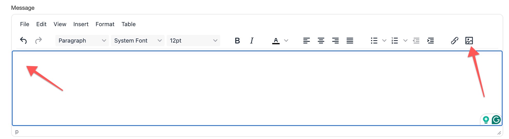 Text editor toolbar with icons and arrows