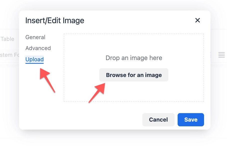 Image upload dialog box with buttons.
