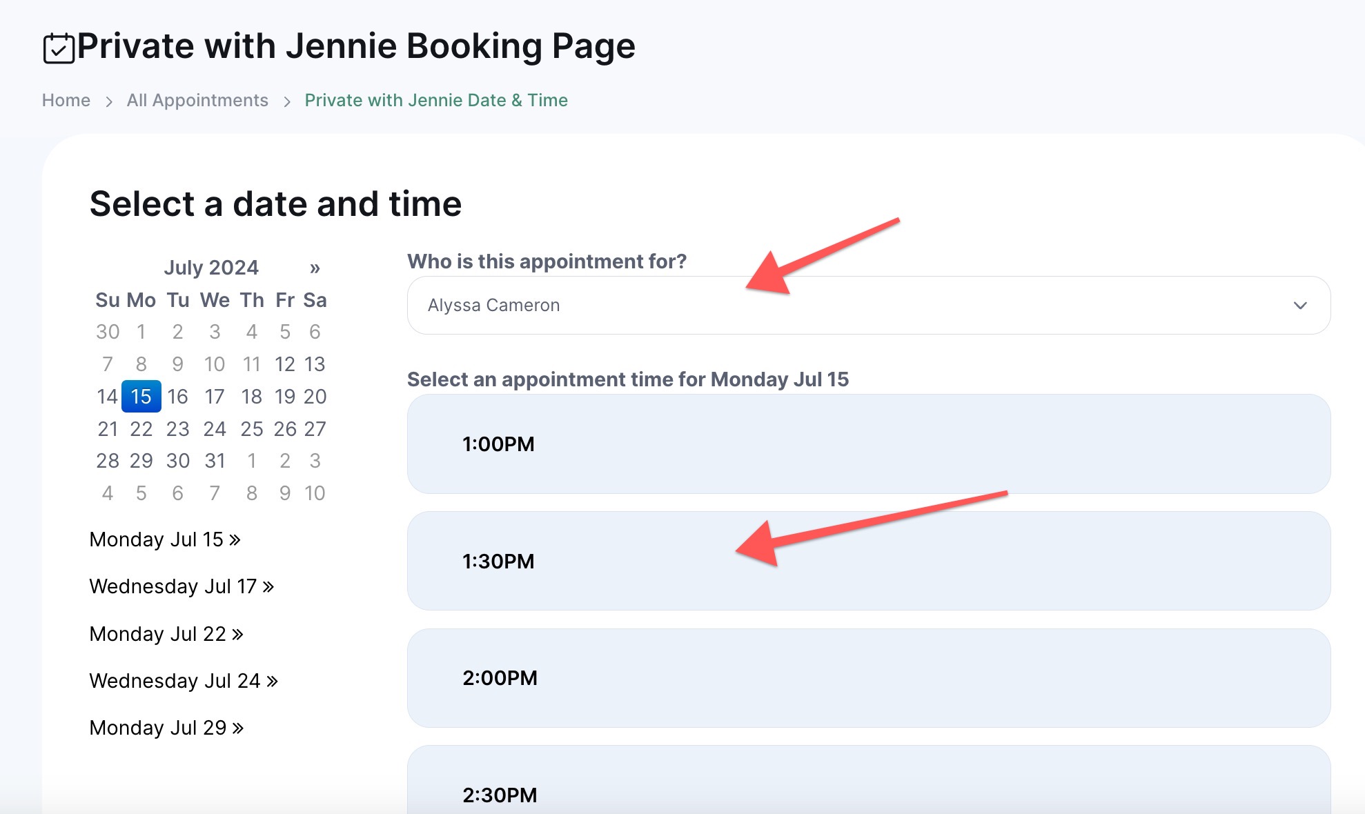 Appointment booking page for July 15, 2024.