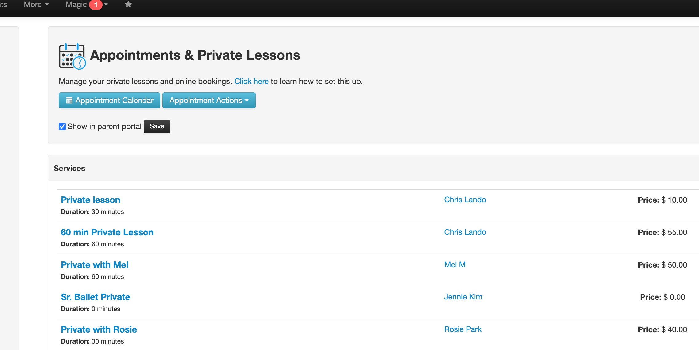 Appointments and private lessons page.