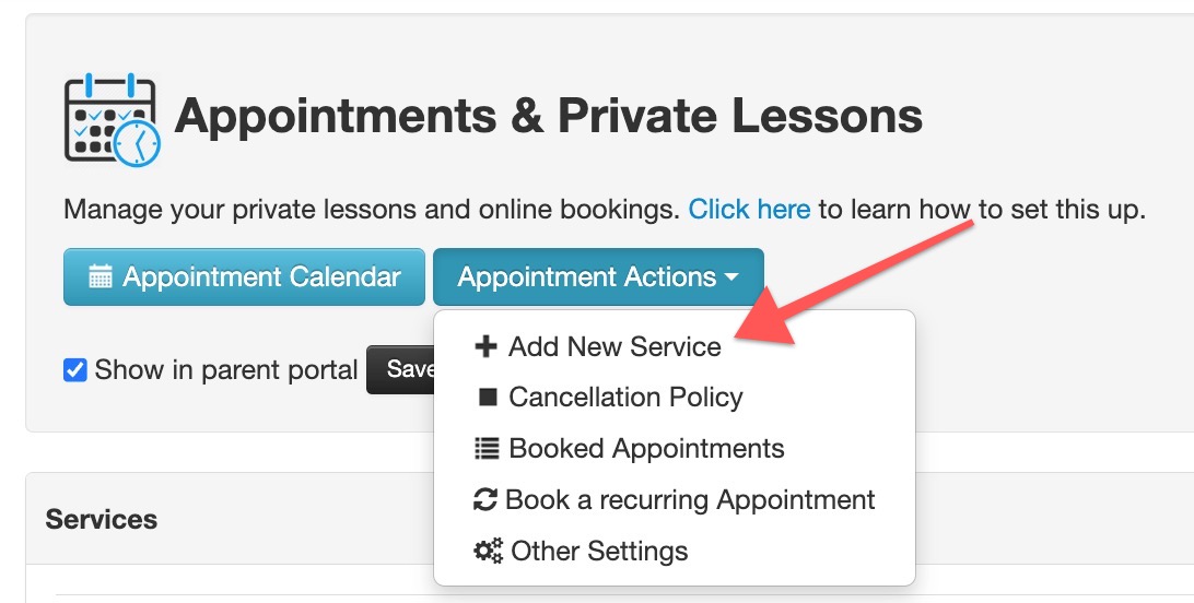 Add New Service" dropdown menu.