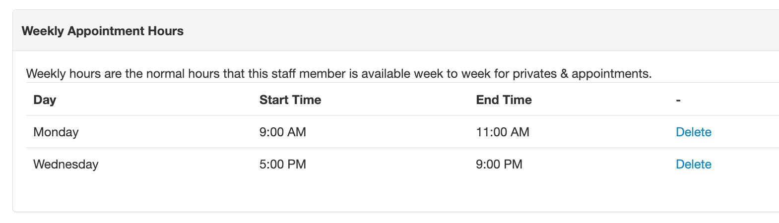 Weekly appointment hours table.