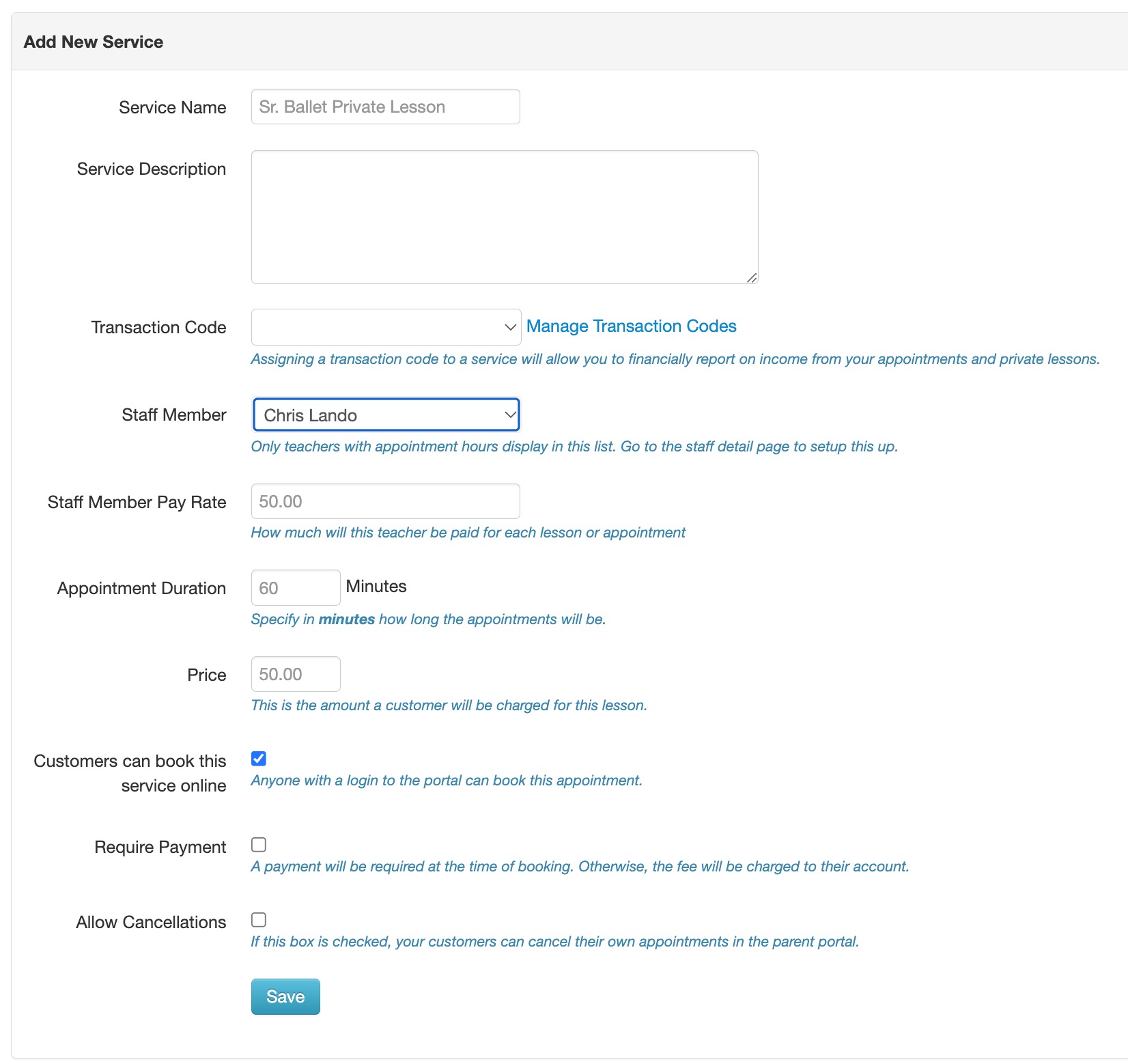 Add New Service form interface