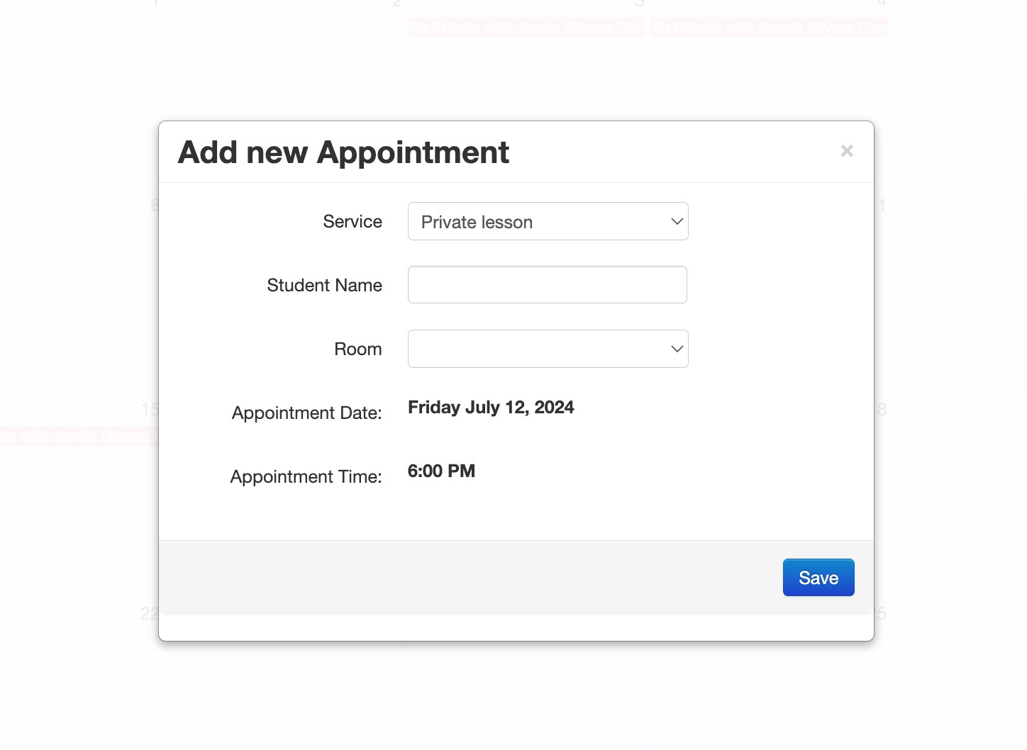 Add new appointment form interface.