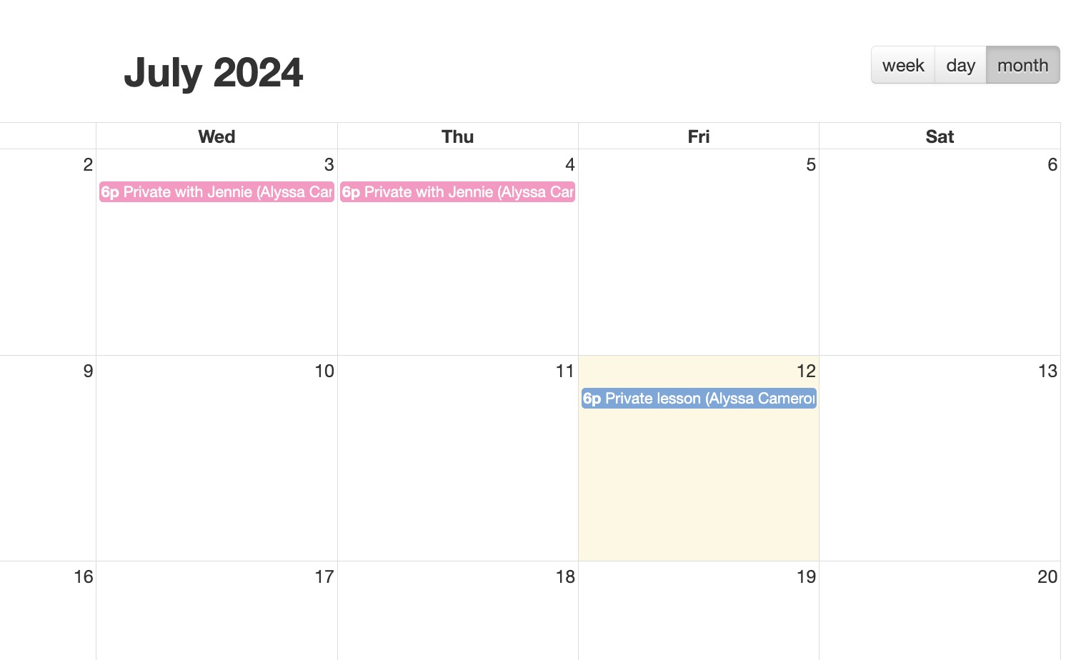 July 2024 calendar with events marked.