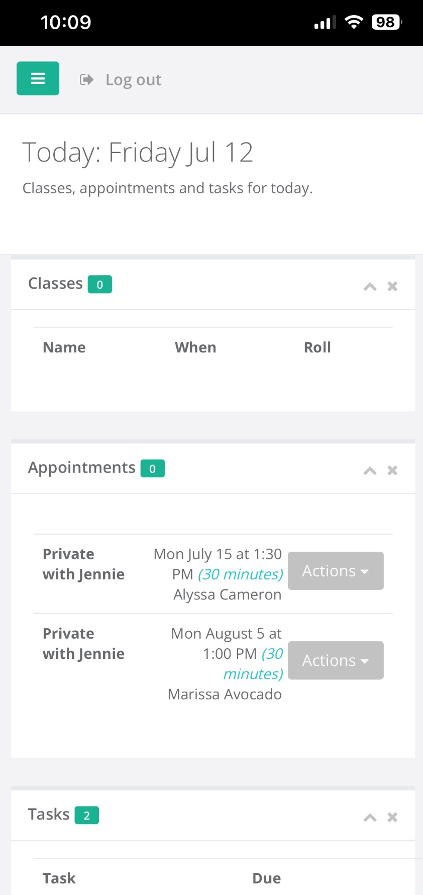 Schedule overview with appointments and tasks.