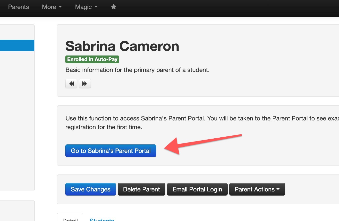 Screenshot of example Parent page for Sabrina Cameron. Red arrow points to Go to Sabrina’s Parent Portal button.