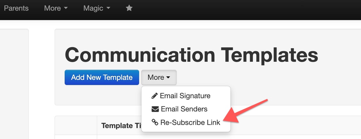 Communication Templates menu options