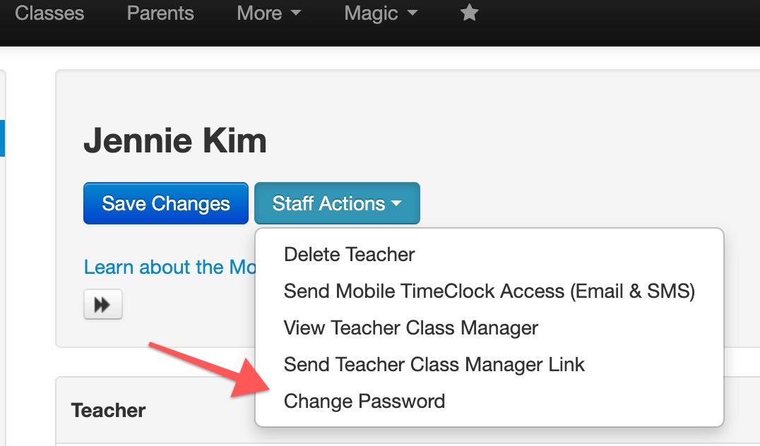 Staff Actions dropdown menu options.