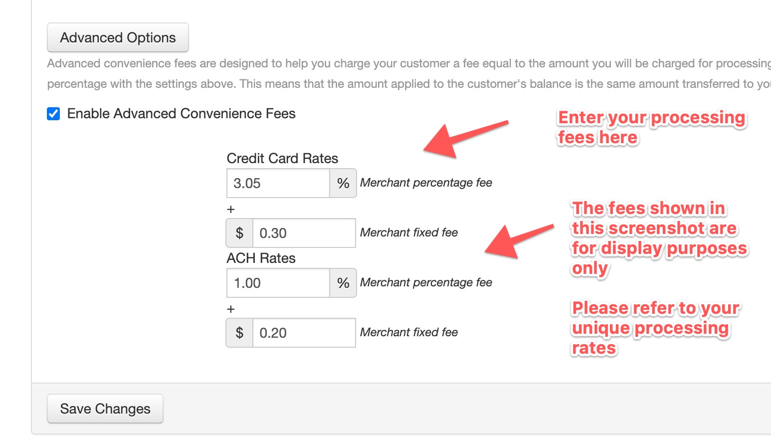 Advanced convenience fees settings screen.